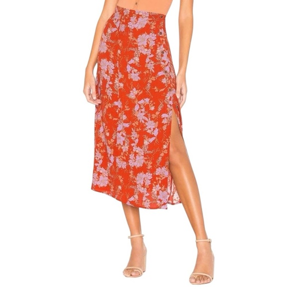 FREE PEOPLE Retro Love High Waist Midi Skirt Orange Floral Size 8 Boho Flowy - Picture 2 of 8